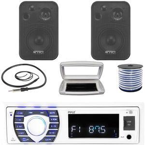 Pyle PLRMR23BTW Single-DIN Bluetooth Marine USB/AUX MP3/SD AM/FM Radio Stereo Receiver W/White Cover, 2x Enrock EKMR408B 4" 30W Max Power 3-Way In Door/Out Door Black Speakers W/50 Feet Wire, Antenna
