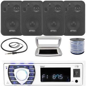 Pyle PLRMR23BTW Single-DIN Bluetooth Marine USB/AUX MP3/SD AM/FM Radio Stereo Receiver W/White Cover, 4x Enrock EKMR408B 4" 30W Max Power 3-Way In Door/Out Door Black Speakers W/50 Feet Wire, Antenna