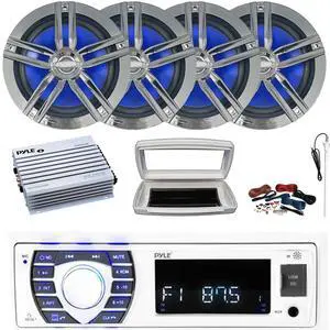 Pyle PLRMR23BTW Single-DIN Bluetooth Marine USB/AUX MP3/SD AM/FM Radio Stereo Receiver W/White Cover, 4x 6.5" 180W Max 2-Way High-Performance Charcoal Speakers, 4 Channel Amplifier W/Kit, Antenna