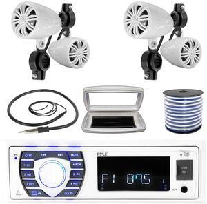 Pyle PLRMR23BTW Single-DIN Bluetooth Marine USB/AUX MP3/SD AM/FM Radio Stereo Receiver W/White Cover, 4x Pyle PLMR22WT 2.25' 10 Watt Max Power Full Range Off-Road White Speakers W/Wire, Radio Antenna