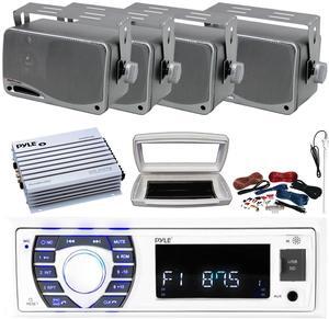 Pyle PLRMR23BTW Single-DIN Bluetooth Marine USB/AUX MP3/SD AM/FM Radio Stereo Receiver W/White Cover, 4x 3.5'' 200W Max 3-Way Weather Proof Mini Box Silver Speakers, 4 Channel Amplifier W/Kit, Antenna