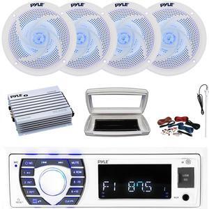 Pyle PLRMR23BTW Single-DIN Bluetooth Marine USB/AUX MP3/SD AM/FM Radio Stereo Receiver W/White Cover, 4x 4" 100W Max Power Low Profile 2-Way Blue LED White Speakers, 4 Channel Amplifier W/Kit, Antenna