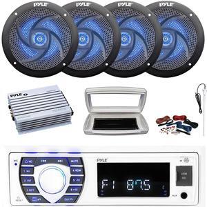 JVC KD-X38MBS Single-DIN Marine Bluetooth USB/AUX LED AM/FM SiriusXM Ready Stereo Receiver W/White Cover, 4x 6.5" 225W Max Power RGB LED White Speakers W/Wire, 10" Multi-Element Subwoofer, 22" Antenna