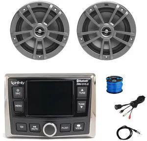 Infinity PRV-315.2 Marine Gauge Style USB Bluetooth AM/FM/WB Radio Receiver, 2x 6.5" 180 Watt Peak Power 2-Way Multi-Element Gray Marine Speakers, Wire, Antenna, USB/AUX Adapter (Bulk Packaging)