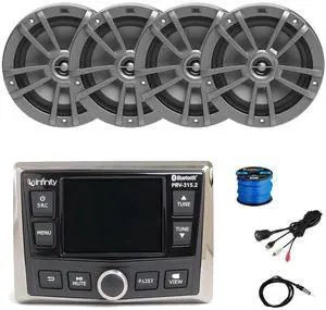 Infinity PRV-315.2 Marine Gauge Style USB Bluetooth AM/FM/WB Radio Receiver, 4x 6.5" 180 Watt Peak Power 2-Way Multi-Element Gray Marine Speakers, Wire, Antenna, USB/AUX Adapter (Bulk Packaging)