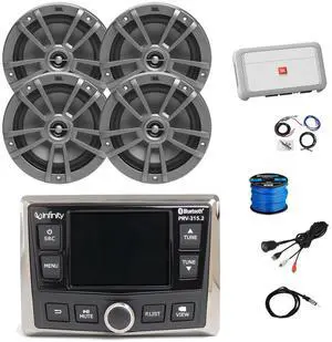 Infinity PRV-315.2 Marine Gauge Style USB Bluetooth AM/FM/WB Radio Receiver, 4x 6.5" 180W Multi-Element Gray Marine Speakers, 4-Channel Amplifier w/Kit, Wire, Antenna, USB/AUX Adapter (Bulk Packaging)
