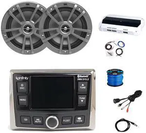 Infinity PRV-315.2 Marine Gauge Style USB Bluetooth AM/FM/WB Radio Receiver, 2x 6.5" 180W Multi-Element Gray Marine Speakers, Amplifier w/Kit, Wire, Antenna, USB/AUX Adapter (Bulk Packaging)