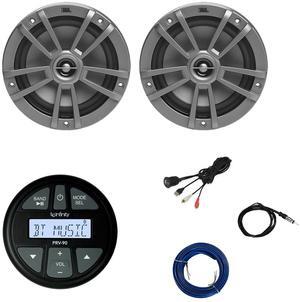 Infinity PRV90 AM/FM Bluetooth AUX/USB Gauge Style Marine Stereo Receiver, 2x 6.5" 180 Watt Peak Power 2-Way Multi-Element Gray Marine Speakers, Wire, Antenna, USB/AUX Adapter (Bulk Packaging)
