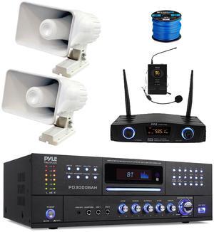 Enrock Home Theater 4-Channel 4000 Watt Bluetooth HDMI Stereo CD/DVD Amplifier Receiver, Wireless UHF Microphone System, 2x 6" 50 Watt Indoor/Outdoor Portable PA Horn Speakers w/Wire