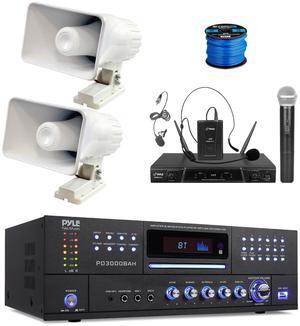 Enrock Home Theater 4-Channel 4000 Watt Bluetooth HDMI Stereo CD/DVD Amplifier Receiver, Wireless 2-Channel Microphone System, 2x 6" 50 Watt Indoor/Outdoor Portable PA Horn Speakers w/Wire