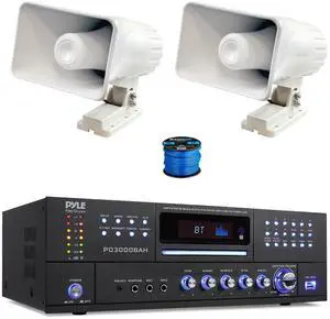 Enrock Home Theater 4-Channel 4000 Watt Bluetooth HDMI Stereo CD/DVD Amplifier Receiver, 2x 8" 65 Watt Indoor/Outdoor Portable PA Horn Speakers w/Wire