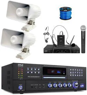 Enrock Home Theater 4-Channel 4000 Watt Bluetooth HDMI Stereo CD/DVD Amplifier Receiver, Wireless 2-Channel Microphone System, 2x 8" 65 Watt Indoor/Outdoor Portable PA Horn Speakers w/Wire