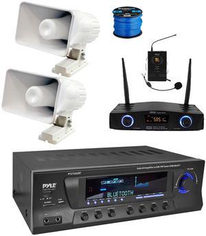 Enrock Home Theater 4-Channel 300 Watt Bluetooth USB AM/FM Stereo Amplifier Receiver, Wireless UHF Microphone System, 2x 6" 50 Watt Indoor/Outdoor Portable PA Horn Speakers w/Wire