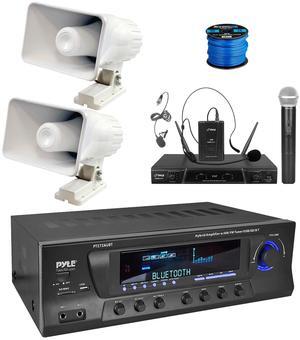 Enrock Home Theater 4-Channel 300 Watt Bluetooth USB AM/FM Stereo Amplifier Receiver, Wireless 2-Channel Microphone System, 2x 6" 50 Watt Indoor/Outdoor Portable PA Horn Speakers w/Wire