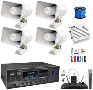 Enrock Home Theater 4-Channel 300W Bluetooth AM/FM Amplifier Receiver, Wireless 2-Channel Microphone System, Amplifier w/Kit, 4x 6" 50 Watt Indoor/Outdoor Portable PA Horn Speakers w/Wire
