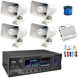 Enrock Home Theater 4-Channel 300W Bluetooth AM/FM Amplifier Receiver, Amplifier w/Kit, 4x 8" 65 Watt Indoor/Outdoor Portable PA Horn Speakers w/Wire
