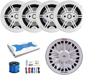 2 Pair (Qty 4) of Blaupunkt GTM652WPRO 6.5" 240 Watt Max 4-Way Marine Outdoor Audio Speakers (White) w/ 8-Channel Bluetooth Amplifier w/Install Kit, 10" Subwoofer, Wire