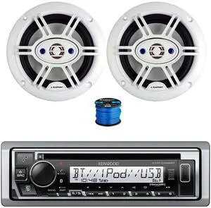 Kenwood KMR-D382BT Single DIN CD Player Bluetooth Marine Receiver, 2x 6.5" 240 Watt Max 4-Way Marine Outdoor Audio Speakers (White) w/Wire