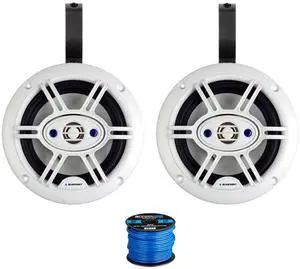 Pair (Qty 2) of Blaupunkt GTM652WPRO 6.5" 240 Watt Max 4-Way Marine Outdoor Audio Speakers (White) w/ 2x 6.5" Black Speaker Pods and Speaker Wire