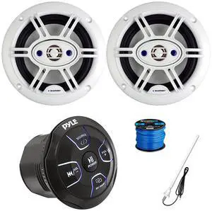 Pyle PLMRBT20 Amplified Wireless Bluetooth Marine Audio Controller, 2x 6.5" 240 Watt 4-Way Outdoor Speakers (White) w/Wire, Long Range Radio Antenna