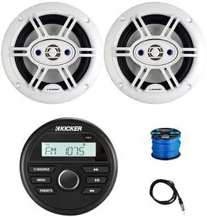 Kicker 46KMC2 All-Weather Marine Gauge Style Bluetooth AM/FM USB Media Center Receiver, 2x 6.5" 240 Watt 4-Way Outdoor Speakers (White) w/Wire, Radio Antenna