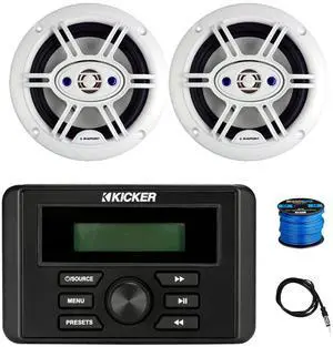 Kicker KMC3 Weather-Resistant Gauge-Style Bluetooth Digital Media Receiver, 2x 6.5" 240 Watt 4-Way Outdoor Speakers (White) w/Wire, Radio Antenna