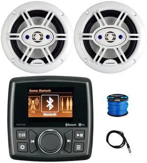 Marine Audio MA112 AM/FM Radio Stereo USB Bluetooth Marine Receiver, 2x 6.5" 240 Watt 4-Way Outdoor Speakers (White) w/Wire, Radio Antenna