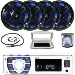 Pyle PLRMR23BTW Single-DIN Bluetooth Marine USB/AUX MP3/SD AM/FM Radio Stereo Receiver W/White Cover, 4x 6.5" 250W Max Power Waterproof Boat Dual Multi Color LED Black Speakers W/50 Feet Wire, Antenna