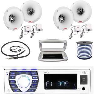Pyle PLRMR23BTW Single-DIN Bluetooth Marine USB/AUX MP3/SD AM/FM Radio Stereo Receiver W/White Cover, 4x 1" 120 Watt Peak Power PEI Dome Tweeters White Marine Speaker System W/50 Feet Wire, Antenna