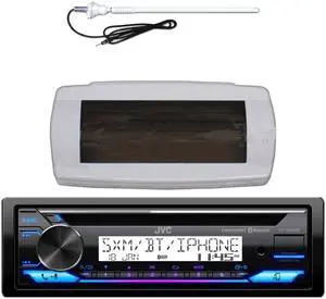 JVC KD-T92MBS Single-DIN Marine Bluetooth USB/AUX CD Player AM/FM Stereo Receiver W/White Boat Stereo Splash Cover Bundle Combo With Enrock 20W White Flexible Rubber Mast Long Range Radio Antenna
