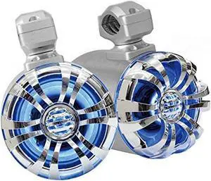 Pyle Marine Speakers - 5.25 Inch Waterproof IP44 Rated Wakeboard Tower and Weather Resistant Outdoor Audio Stereo Sound System with Built-in LED Lights - 1 Pair in Silver (PLMRWB50L)
