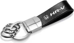 Honda HR-V Black Real Leather Strap Chrome Round Hook Metal Key Chain
