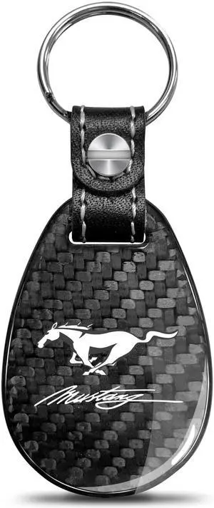 Ford Mustang Script Real Black Carbon Fiber with Leather Strap Large Tear Drop Key Chain