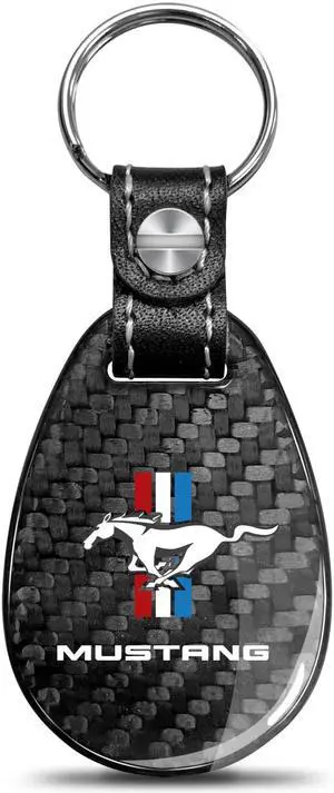 Ford Mustang Tri-Bar Real Black Carbon Fiber with Leather Strap Large Tear Drop Key Chain
