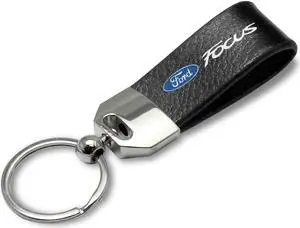 iPick Image - Large Genuine Black Leather Loop Strap Key Chain - Ford Focus