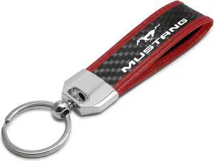 Ford Mustang Real Carbon Fiber Strap with Red Leather Stitching Edge Key Chain