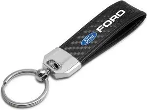 Ford Logo Real Carbon Fiber Leather Strap Key Chain with Black stitching