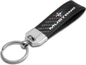 Ford Mustang Tri-Bar Real Carbon Fiber Leather Strap Key Chain with Black stitching