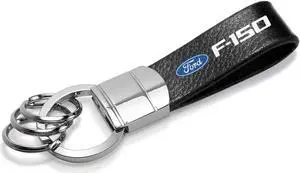 Ford F-150 Black Real Leather Strap Chrome Round Hook Metal Key Chain