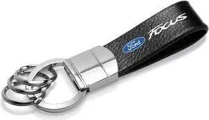 Ford Focus Black Real Leather Strap Chrome Round Hook Metal Key Chain