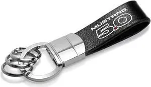 Ford Mustang 5.0 Black Real Leather Strap Chrome Round Hook Metal Key Chain