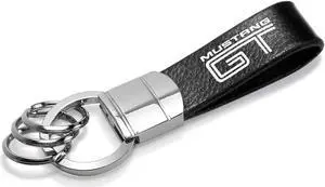Ford Mustang GT Black Real Leather Strap Chrome Round Hook Metal Key Chain