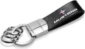 Ford Mustang Tri-Bar Black Real Leather Strap Chrome Round Hook Metal Key Chain