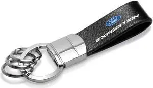 Ford Expedition Black Real Leather Strap Chrome Round Hook Metal Key Chain