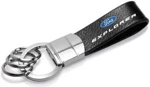 Ford Explorer Black Real Leather Strap Chrome Round Hook Metal Key Chain