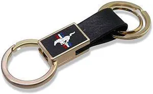 Ford Mustang Tri-Bar Round Hook Leather Strip Double Ring Golden Metal Key Chain by iPick Image, Made in USA