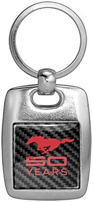 Ford Mustang 50 Years in Red on Carbon Fiber Backing Brush Metal Key Chain