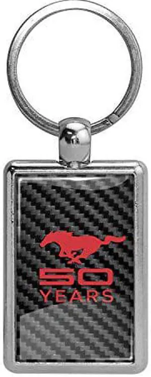 Ford Mustang 50 Years in Red on Carbon Fiber Backing Brush Rectangle Metal Key Chain