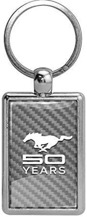 Ford Mustang 50 Years Silver Carbon Fiber Backing Brush Rectangle Metal Key Chain
