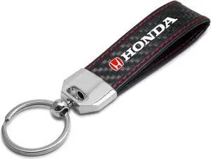 Honda Logo in Red Real Black Carbon Fiber Loop Strap Key Chain with Red Stitching